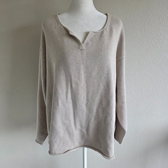 NEW J. Jill Cotton Sweater Large Button Side Accents Flax Oatmeal Plus Size 2X - Picture 1 of 10